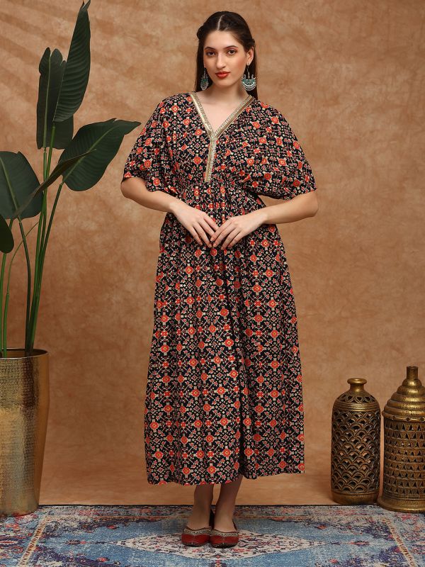 Globus Women Navy Blue Ethnic Print V-Neck Kimono Sleeves Gathered Detail Fit and Flare Festive Dress