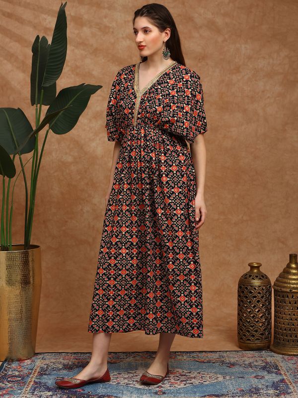 Globus Women Navy Blue Ethnic Print V-Neck Kimono Sleeves Gathered Detail Fit and Flare Festive Dress