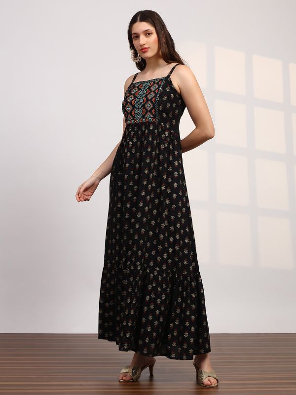 Globus Women Black Ethnic Print Embroidered Detail Square Neck Shoulder Strap Fit and Flare Maxi Dress