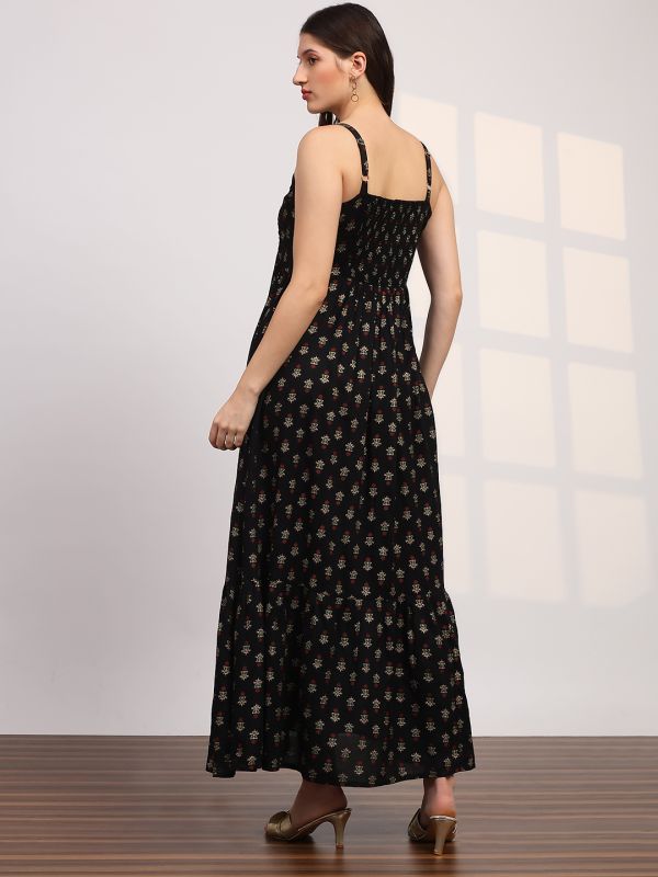 Globus Women Black Ethnic Print Embroidered Detail Square Neck Shoulder Strap Fit and Flare Maxi Dress
