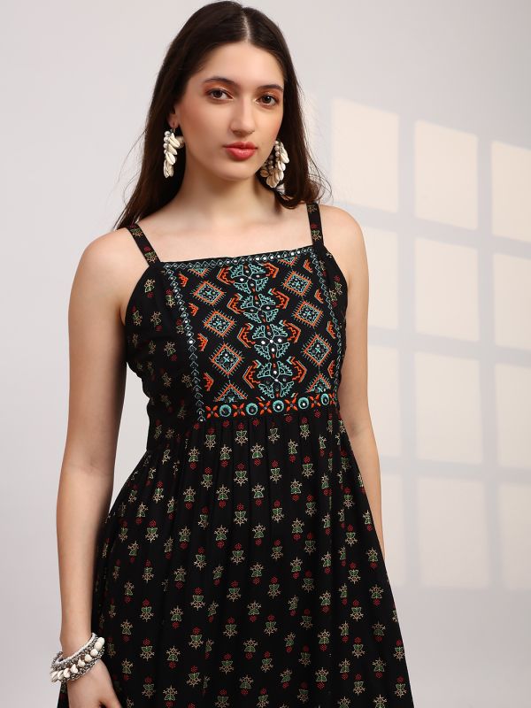 Globus Women Black Ethnic Print Embroidered Detail Square Neck Shoulder Strap Fit and Flare Maxi Dress