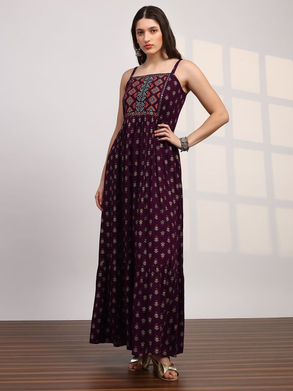Globus Women Wine Ethnic Print Embroidered Detail Square Neck Shoulder Strap Fit and Flare Maxi Dress
