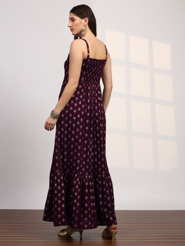 Globus Women Wine Ethnic Print Embroidered Detail Square Neck Shoulder Strap Fit and Flare Maxi Dress