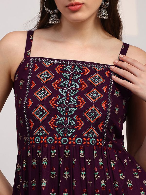 Globus Women Wine Ethnic Print Embroidered Detail Square Neck Shoulder Strap Fit and Flare Maxi Dress