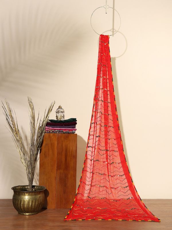 Globus Women Red Phulkari Embroidered Chiffon Taping Border Festive Dupatta