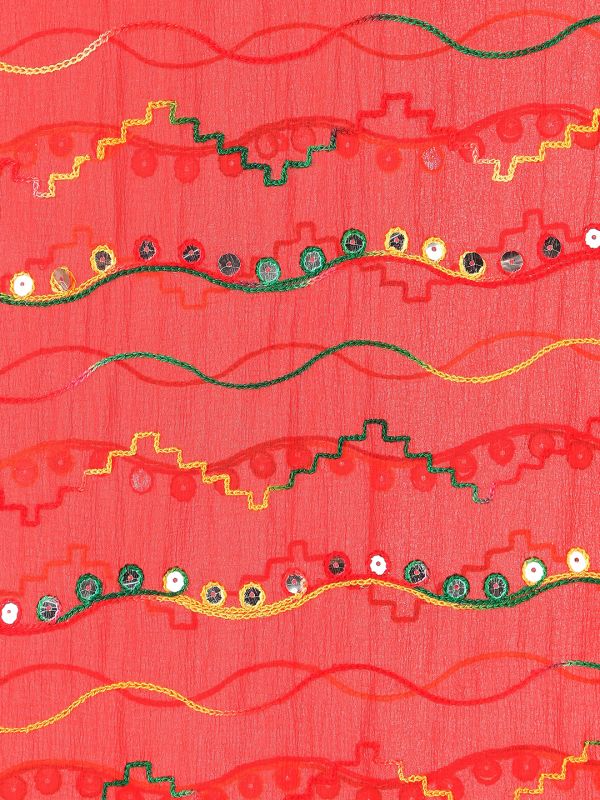 Globus Women Red Phulkari Embroidered Chiffon Taping Border Festive Dupatta