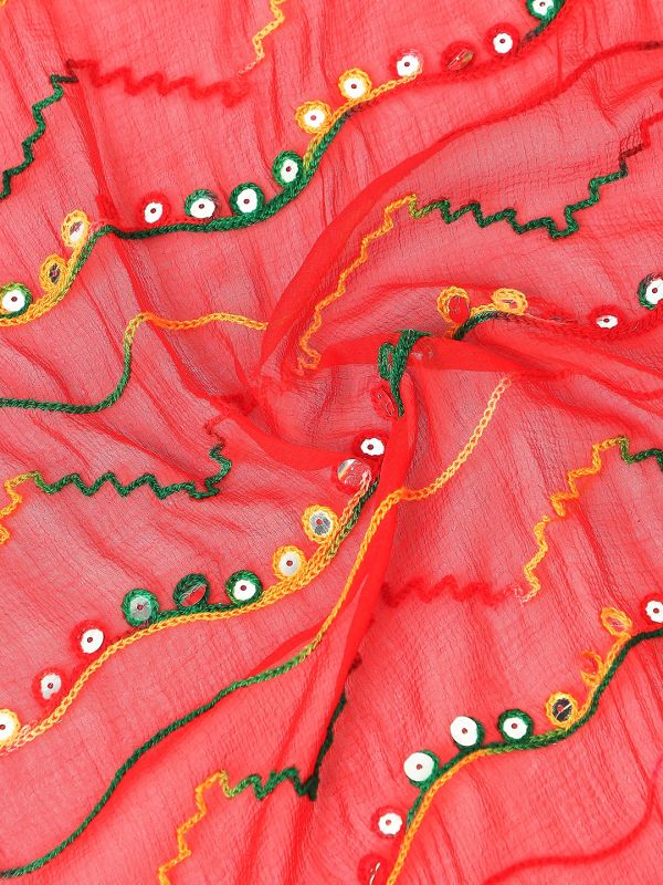 Globus Women Red Phulkari Embroidered Chiffon Taping Border Festive Dupatta