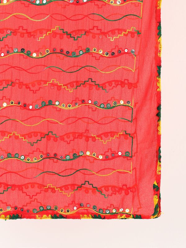 Globus Women Red Phulkari Embroidered Chiffon Taping Border Festive Dupatta