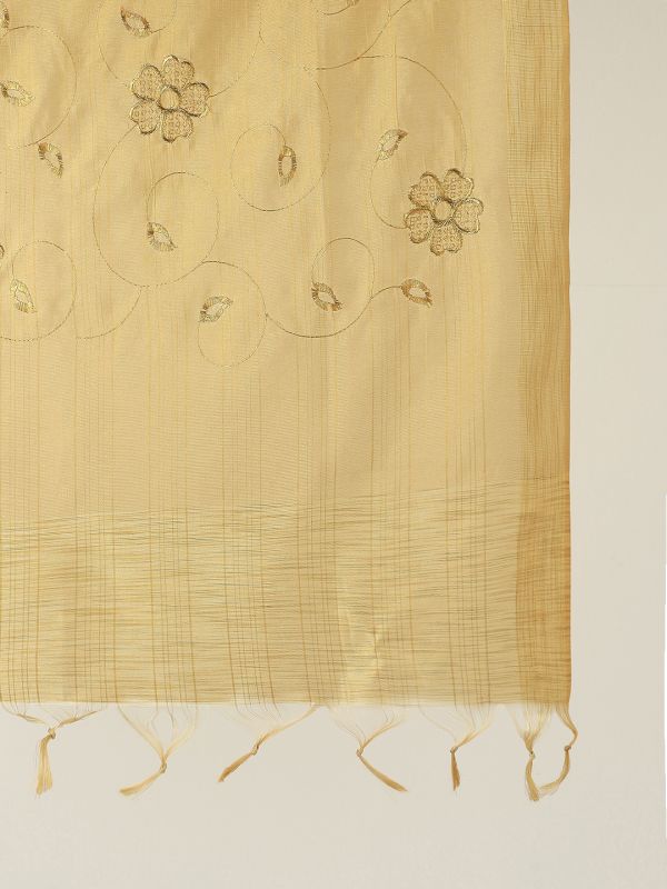 Globus Women Gold Floral Zari Embroidered Silk Tasselled Border Festive Dupatta