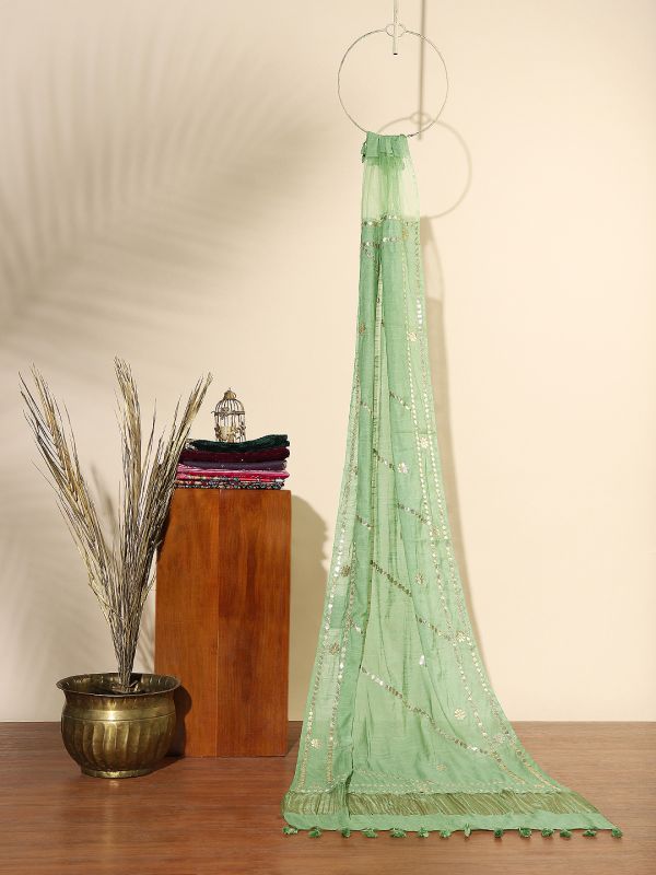 Globus Women Green Gotta Patti Detail Organza Tasselled Border Festive Dupatta