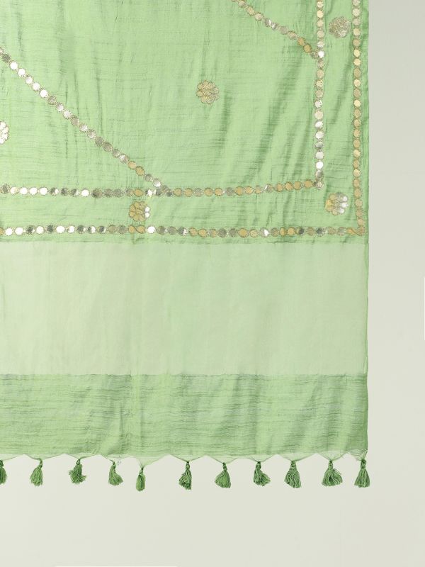 Globus Women Green Gotta Patti Detail Organza Tasselled Border Festive Dupatta