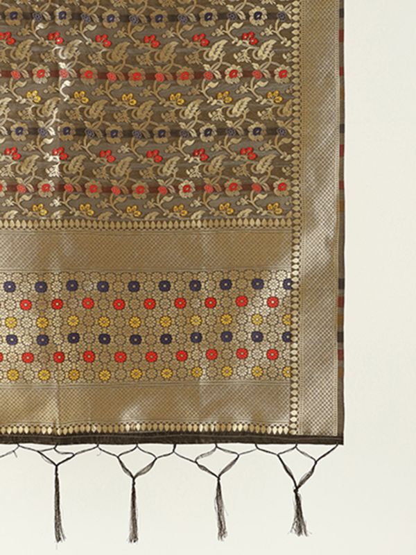 Globus Women Black Floral Woven Design Brocade Tasselled Border Festive Dupatta