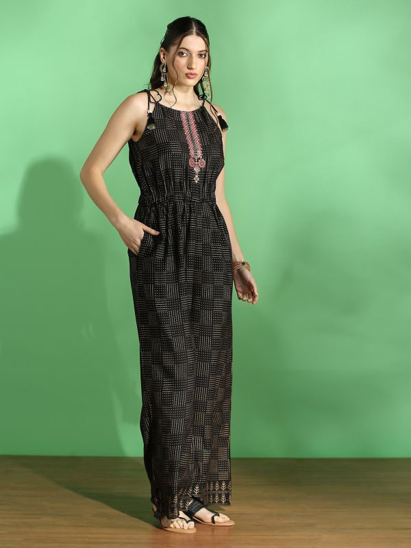 Globus Women Black Ethnic Print Embroidered Halter Neck Tie-Up Sleeve Wide Leg Fusion Jumpsuit 