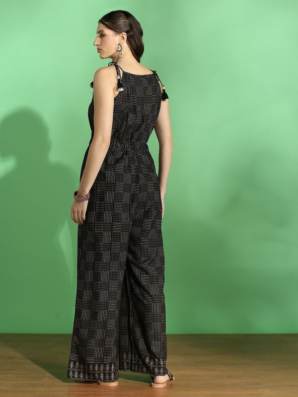 Globus Women Black Ethnic Print Embroidered Halter Neck Tie-Up Sleeve Wide Leg Fusion Jumpsuit 