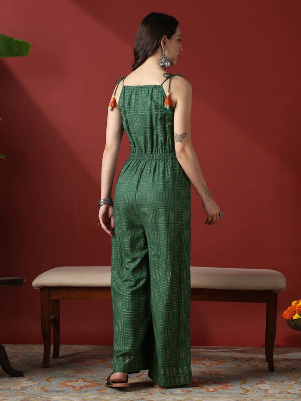 Globus Women Green Embroidered Yoke & Gold Foil Polka Dot Tie-Up Straps Wide Leg Fusion Jumpsuit
