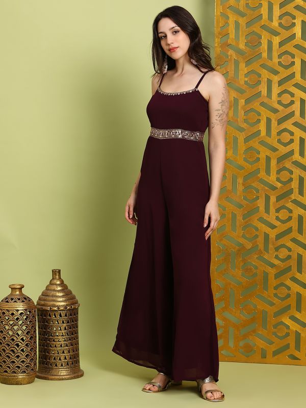 Globus Women Brown Scoop Neck Shoulder Straps Embroidered Detail Georgette Flared Festive Jumpsuit