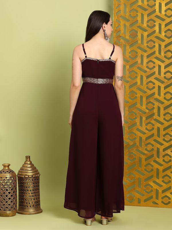 Globus Women Brown Scoop Neck Shoulder Straps Embroidered Detail Georgette Flared Festive Jumpsuit