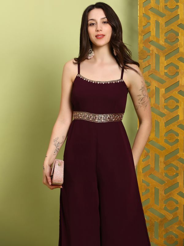Globus Women Brown Scoop Neck Shoulder Straps Embroidered Detail Georgette Flared Festive Jumpsuit