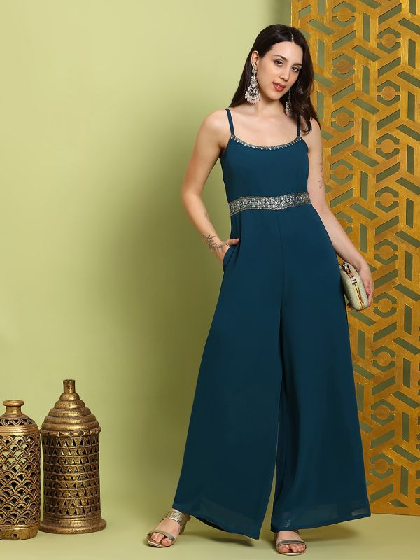 Globus Women Green Scoop Neck Shoulder Straps Embroidered Detail Georgette Flared Festive Jumpsuit