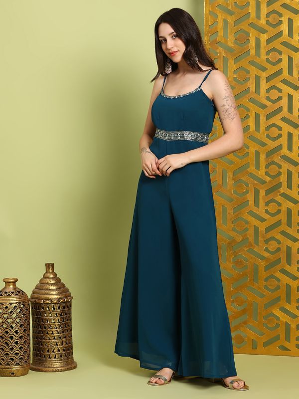 Globus Women Green Scoop Neck Shoulder Straps Embroidered Detail Georgette Flared Festive Jumpsuit