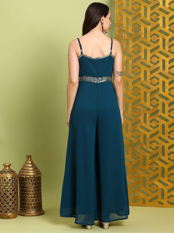 Globus Women Green Scoop Neck Shoulder Straps Embroidered Detail Georgette Flared Festive Jumpsuit