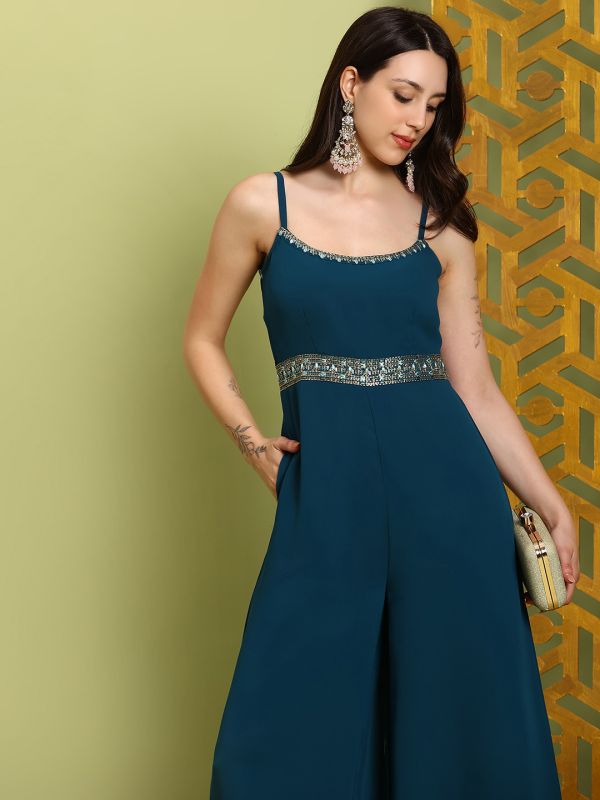 Globus Women Green Scoop Neck Shoulder Straps Embroidered Detail Georgette Flared Festive Jumpsuit