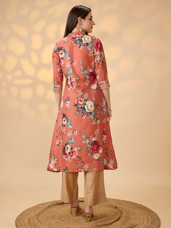Globus Women Orange Mandarin Collar Embroidered Hem Sleeves Floral Print Button Down A-Line Festive Kurta