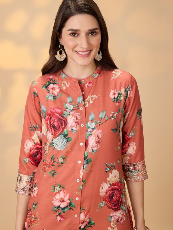 Globus Women Orange Mandarin Collar Embroidered Hem Sleeves Floral Print Button Down A-Line Festive Kurta