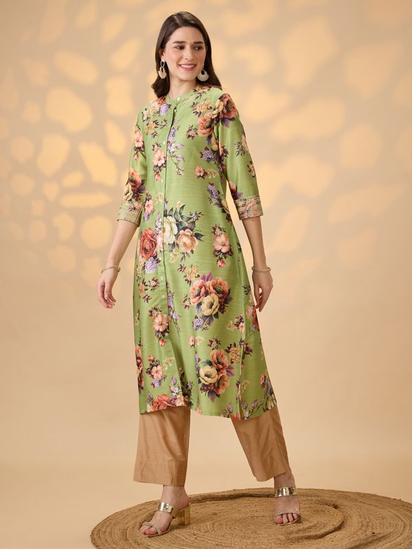Globus Women Green Mandarin Collar Embroidered Hem Sleeves Floral Print Button Down A-Line Festive Kurta