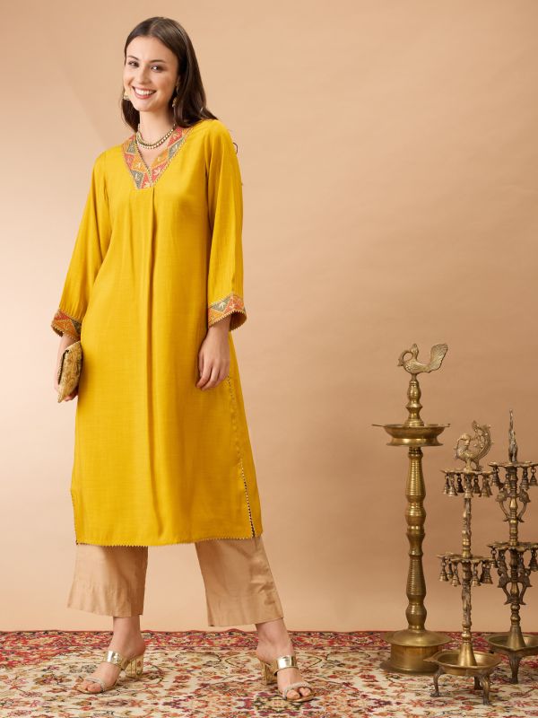 Globus Women Mustard V-Neck Bell Sleeves Gotta Patti Lace Detail A-line Festive Kurta