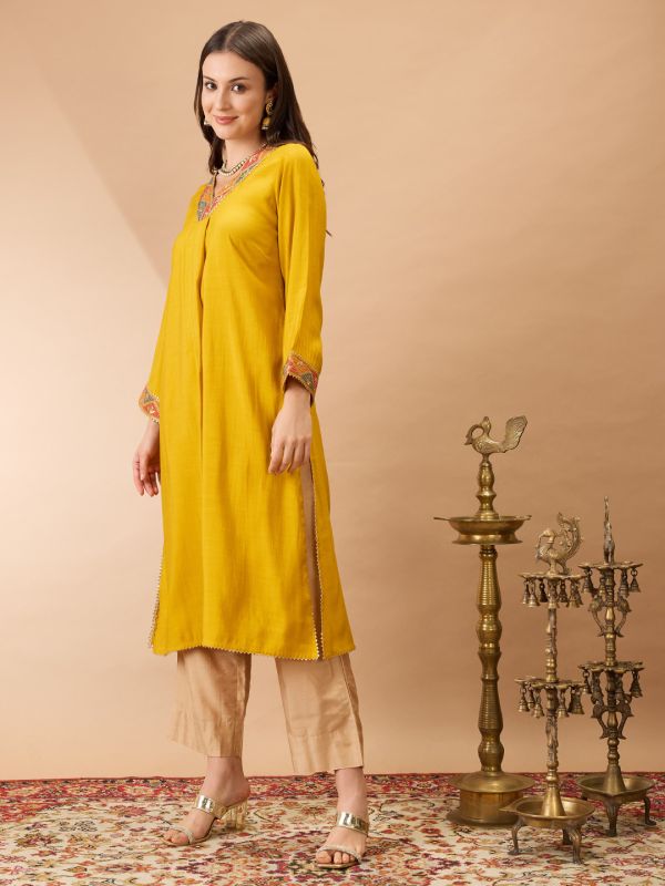 Globus Women Mustard V-Neck Bell Sleeves Gotta Patti Lace Detail A-line Festive Kurta