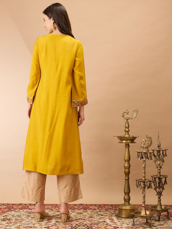Globus Women Mustard V-Neck Bell Sleeves Gotta Patti Lace Detail A-line Festive Kurta