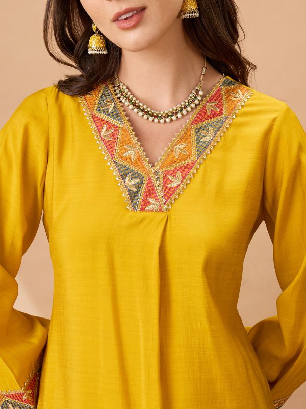 Globus Women Mustard V-Neck Bell Sleeves Gotta Patti Lace Detail A-line Festive Kurta