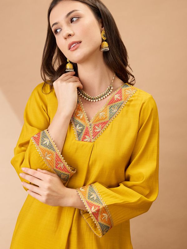 Globus Women Mustard V-Neck Bell Sleeves Gotta Patti Lace Detail A-line Festive Kurta