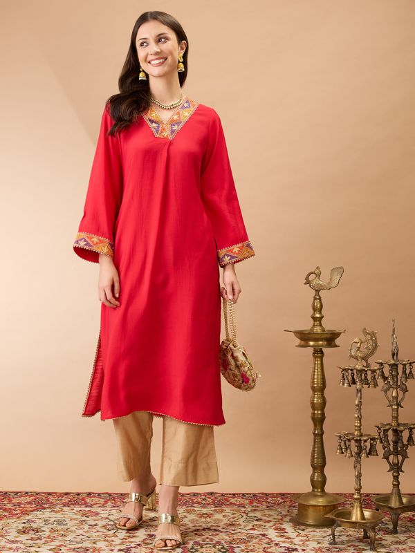 Globus Women Pink V-Neck Bell Sleeves Gotta Patti Lace Detail A-line Festive Kurta