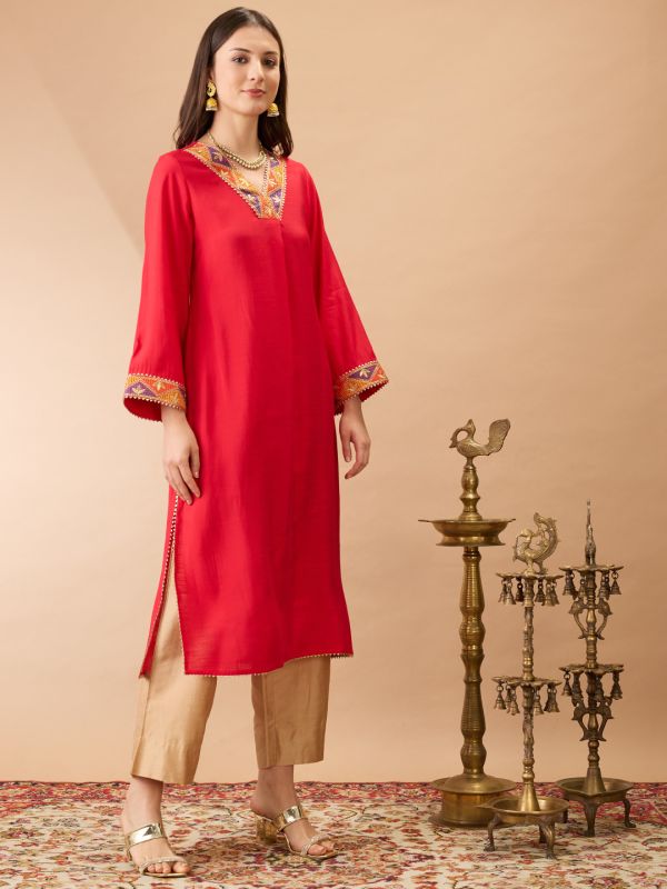 Globus Women Pink V-Neck Bell Sleeves Gotta Patti Lace Detail A-line Festive Kurta