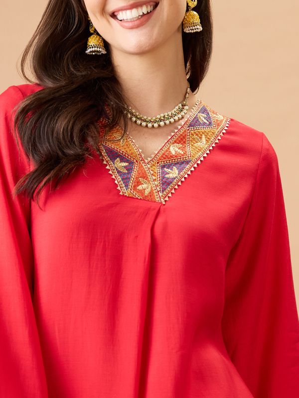 Globus Women Pink V-Neck Bell Sleeves Gotta Patti Lace Detail A-line Festive Kurta