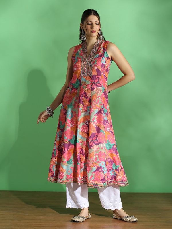 Globus Women Purple Floral Print Embroidered Zari Work V-Neck Panelled Anarkali Festive Kurta