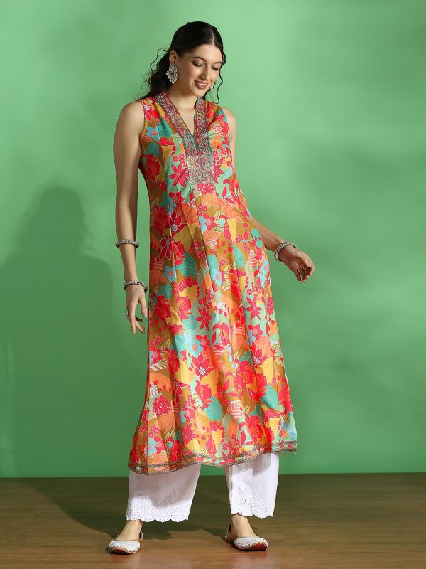 Globus Women Yellow Floral Print Embroidered Zari Work V-Neck Panelled Anarkali Festive Kurta