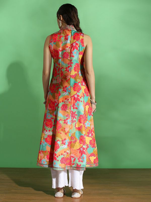 Globus Women Yellow Floral Print Embroidered Zari Work V-Neck Panelled Anarkali Festive Kurta