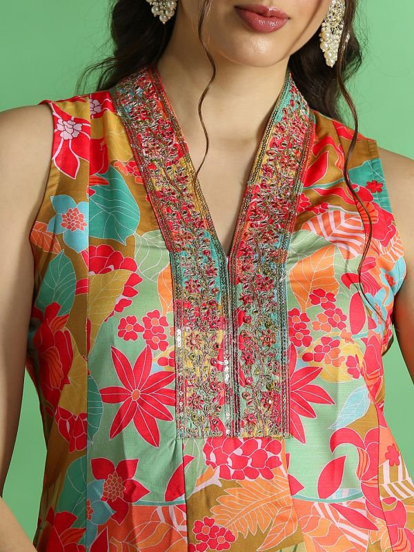 Globus Women Yellow Floral Print Embroidered Zari Work V-Neck Panelled Anarkali Festive Kurta