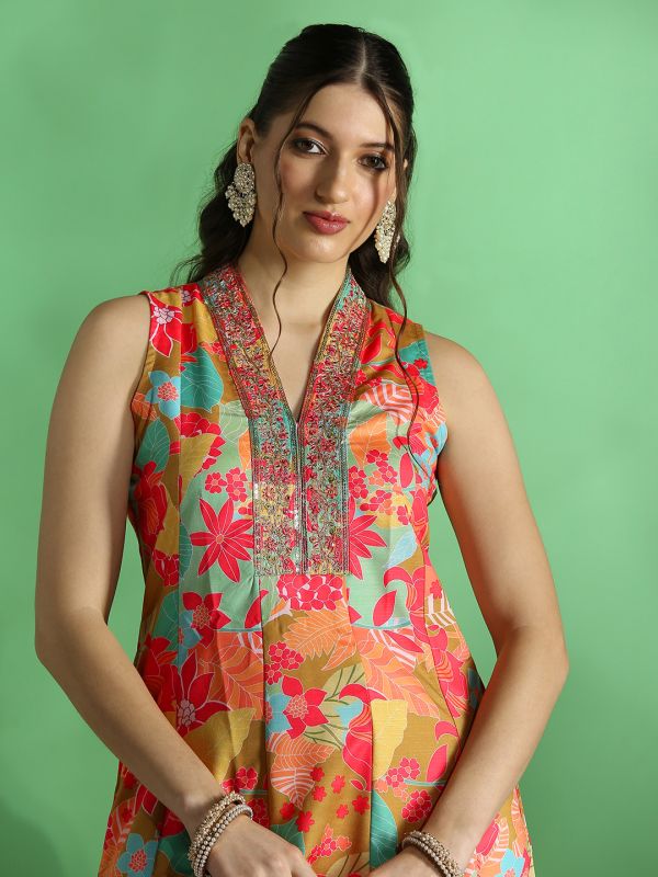 Globus Women Yellow Floral Print Embroidered Zari Work V-Neck Panelled Anarkali Festive Kurta