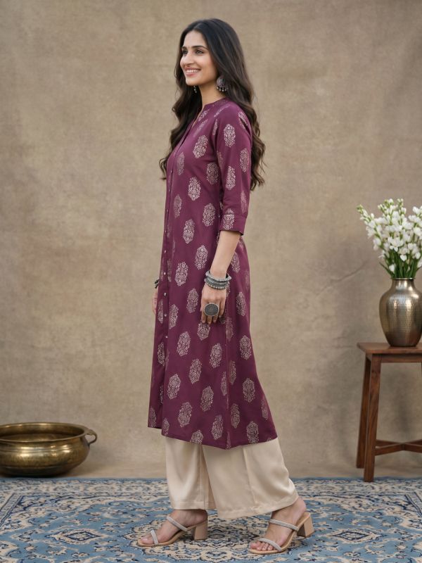 Globus Women Purple Ethnic Floral Gold Foil Print Mandarin Neck Button Down A-Line Festive Kurta 