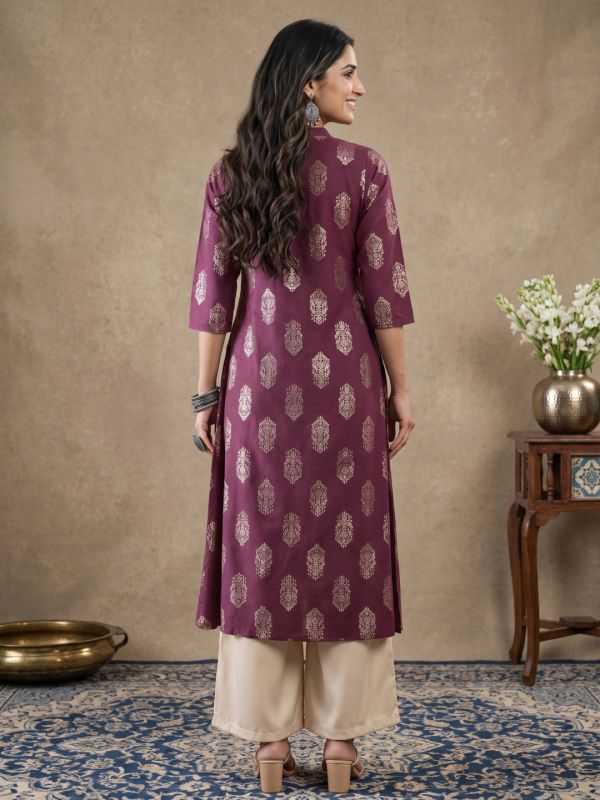 Globus Women Purple Ethnic Floral Gold Foil Print Mandarin Neck Button Down A-Line Festive Kurta 
