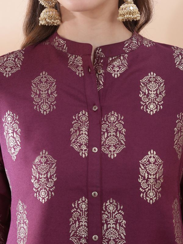 Globus Women Purple Ethnic Floral Gold Foil Print Mandarin Neck Button Down A-Line Festive Kurta 