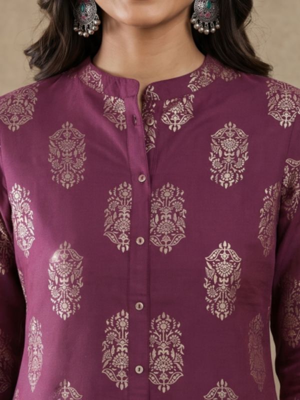 Globus Women Purple Ethnic Floral Gold Foil Print Mandarin Neck Button Down A-Line Festive Kurta 