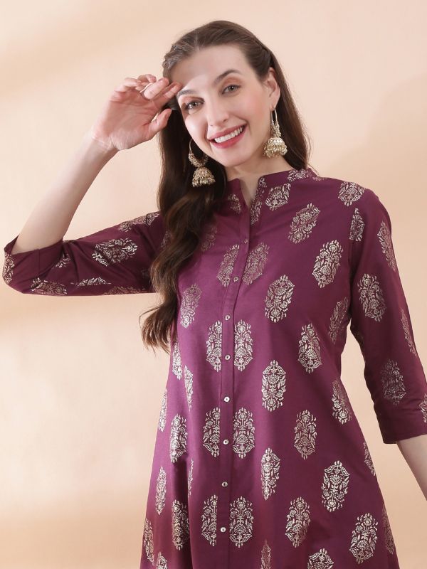 Globus Women Purple Ethnic Floral Gold Foil Print Mandarin Neck Button Down A-Line Festive Kurta 