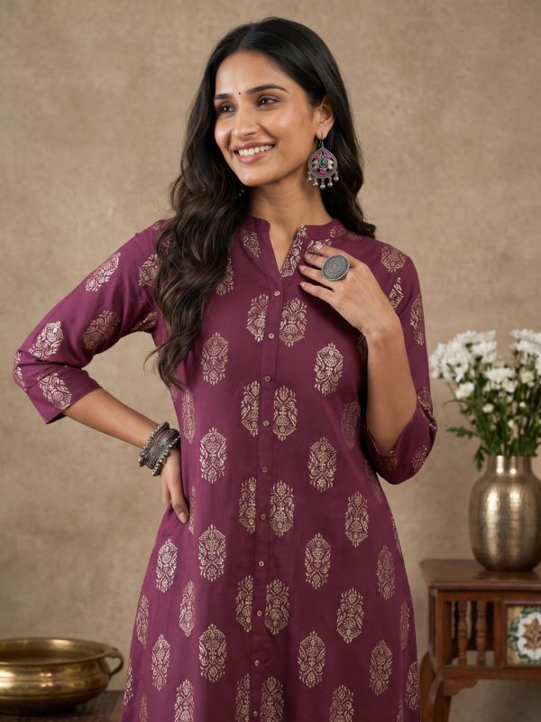 Globus Women Purple Ethnic Floral Gold Foil Print Mandarin Neck Button Down A-Line Festive Kurta 