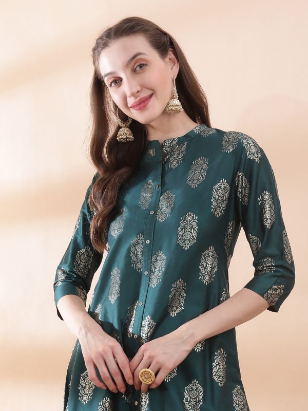 Globus Women Green Ethnic Floral Gold Foil Print Mandarin Neck Button Down A-Line Festive Kurta 