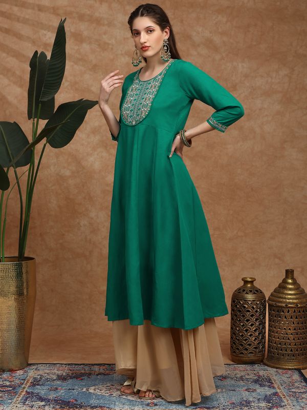 Globus Women Green Zari Embroidered Yoke Panelled Festive Anarkali Kurta